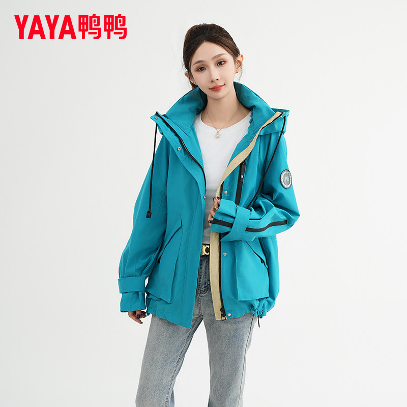 鸭鸭集团旗舰店风衣外套连帽中长款休闲女装时尚外套拼色韩版潮流