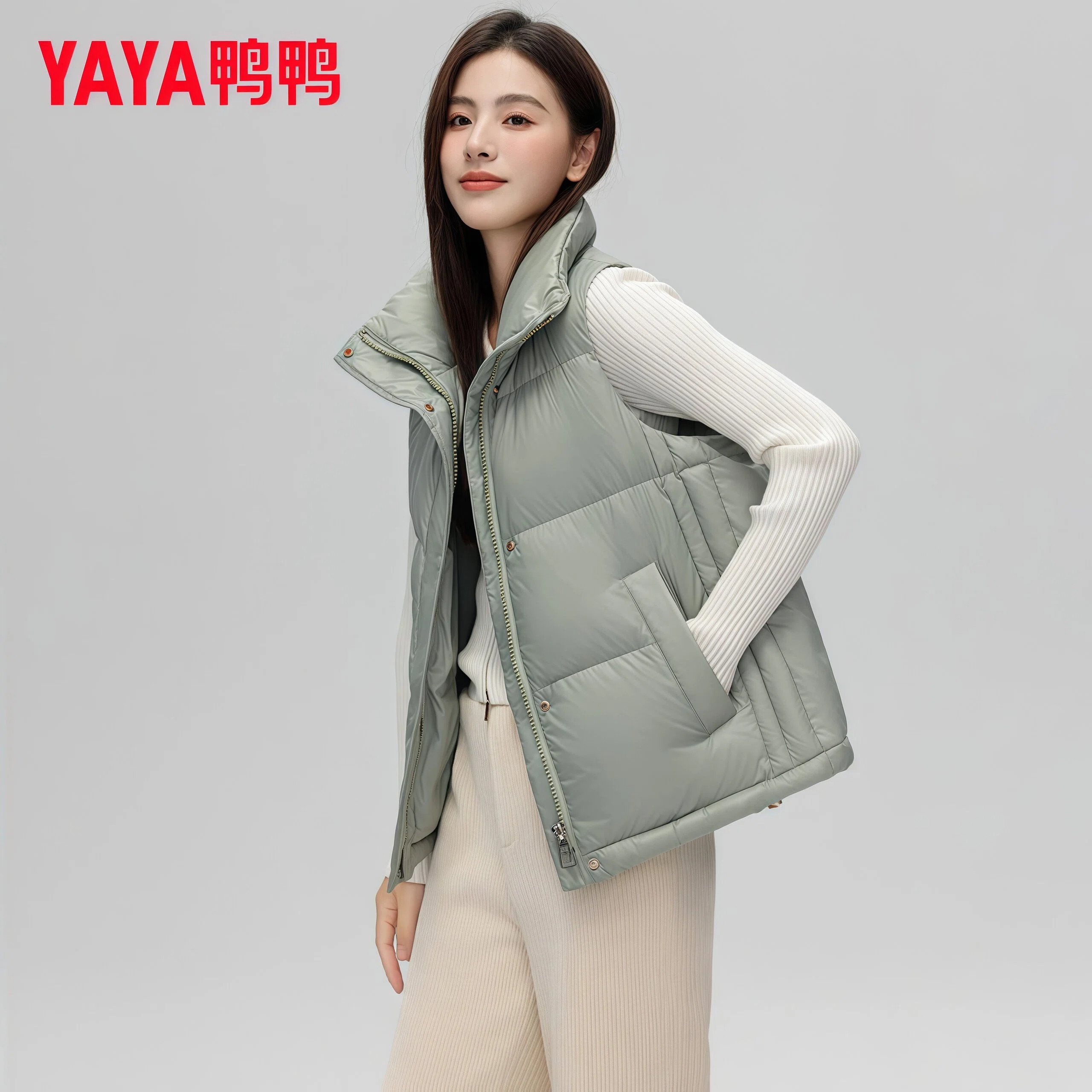 鸭鸭集团旗舰店羽绒马甲宽松立领女士保暖轻熟淑女风短款背心外套
