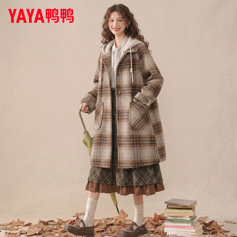 中长款羽绒服女格子大衣