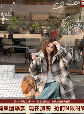 中长款羽绒服女格子大衣