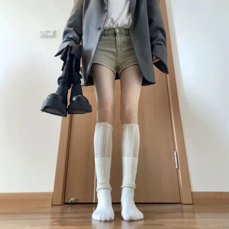 网红款袜套白色腿套小腿黑色长筒袜子女士春秋中高筒黑白堆堆袜潮