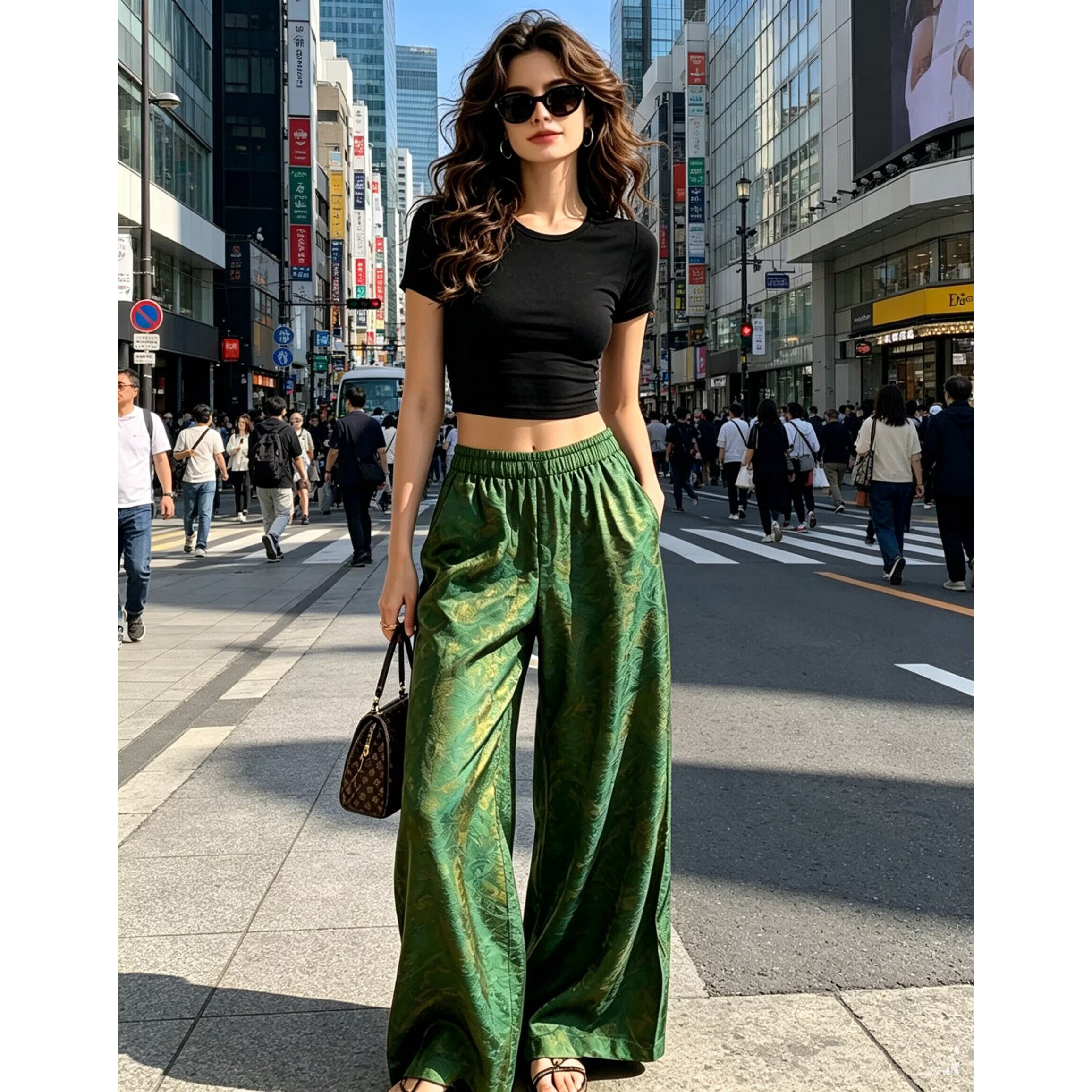 夏季新款直筒阔腿裤女光泽感新中式裤子女款休闲裤女