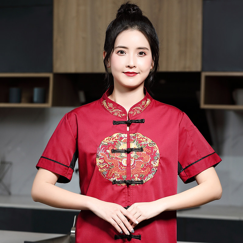 高级中式厨师服女绣龙短袖特色酒店饭厅火锅店厨师服夏季定制