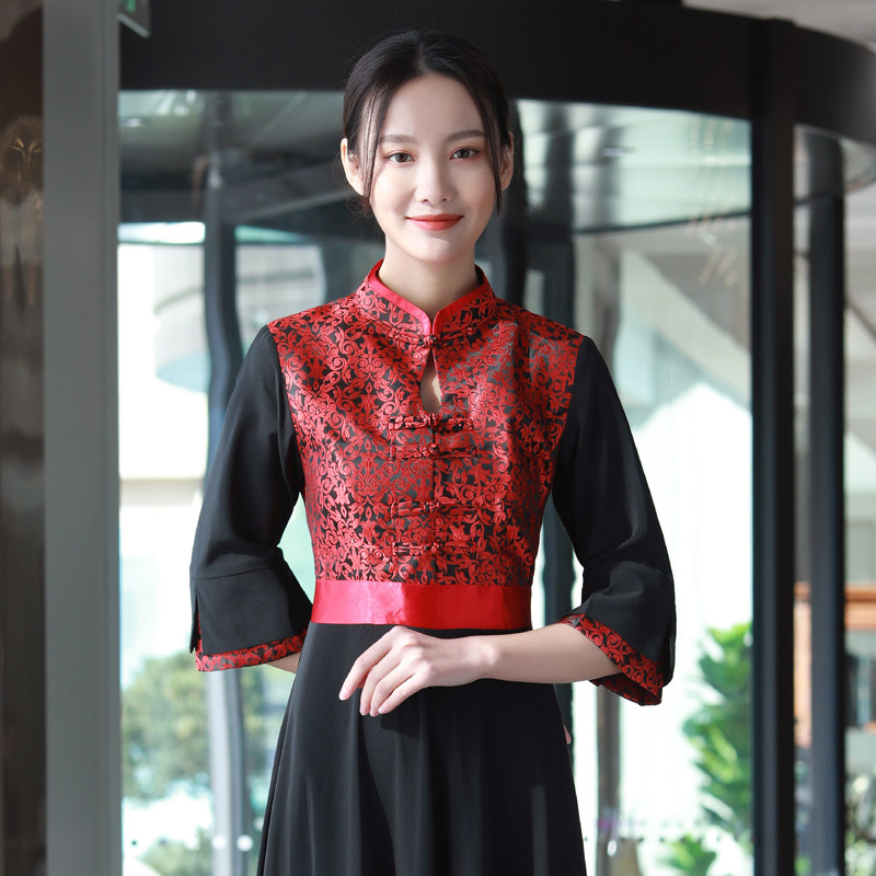迎宾服务员工作服高端餐饮短袖酒店大堂前厅接待礼仪定制长裙女夏
