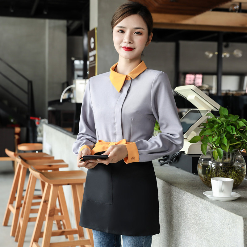 西餐厅服务员工作服秋冬长袖女咖啡厅奶茶店餐饮工装衬衣套装定制