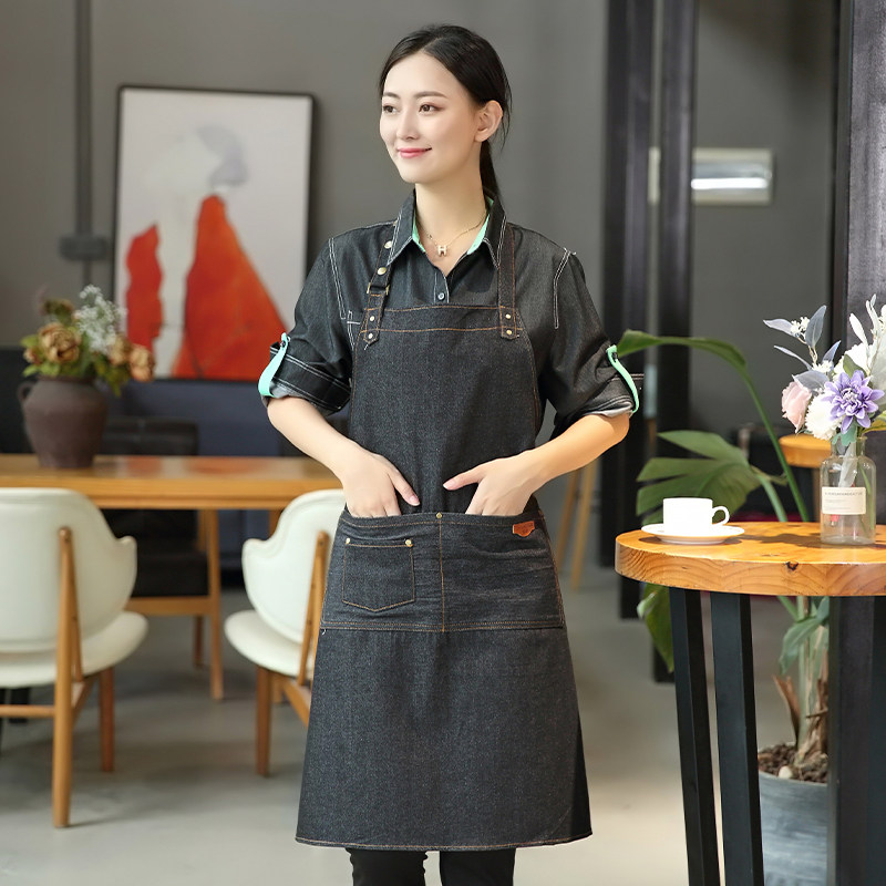 牛仔衬衣餐饮服务员工作服长袖秋冬装西餐厅咖啡店奶茶店加厚男女