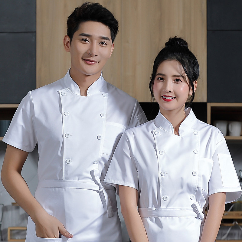 纯白色厨师服短袖夏季套装男定制火锅店食堂后厨房工衣女餐饮