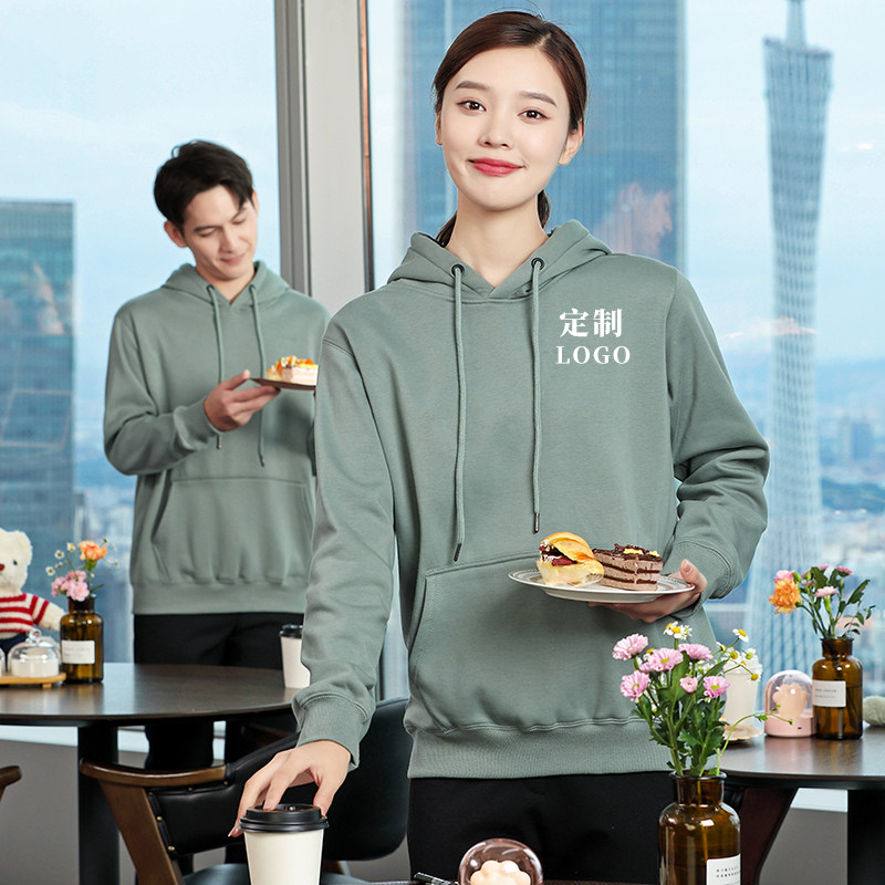 摇粒绒餐饮服务员工作服长袖冬季加厚快餐厅火锅店奶茶店订制男女