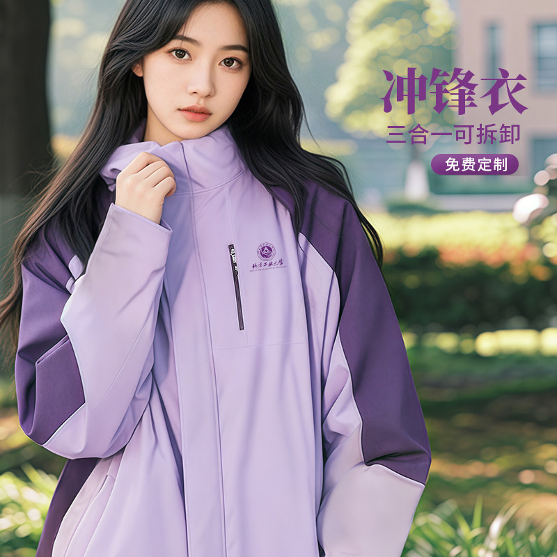 紫色冲锋衣工作服定制外套女冬季高端加厚三合一教师工服印字logo