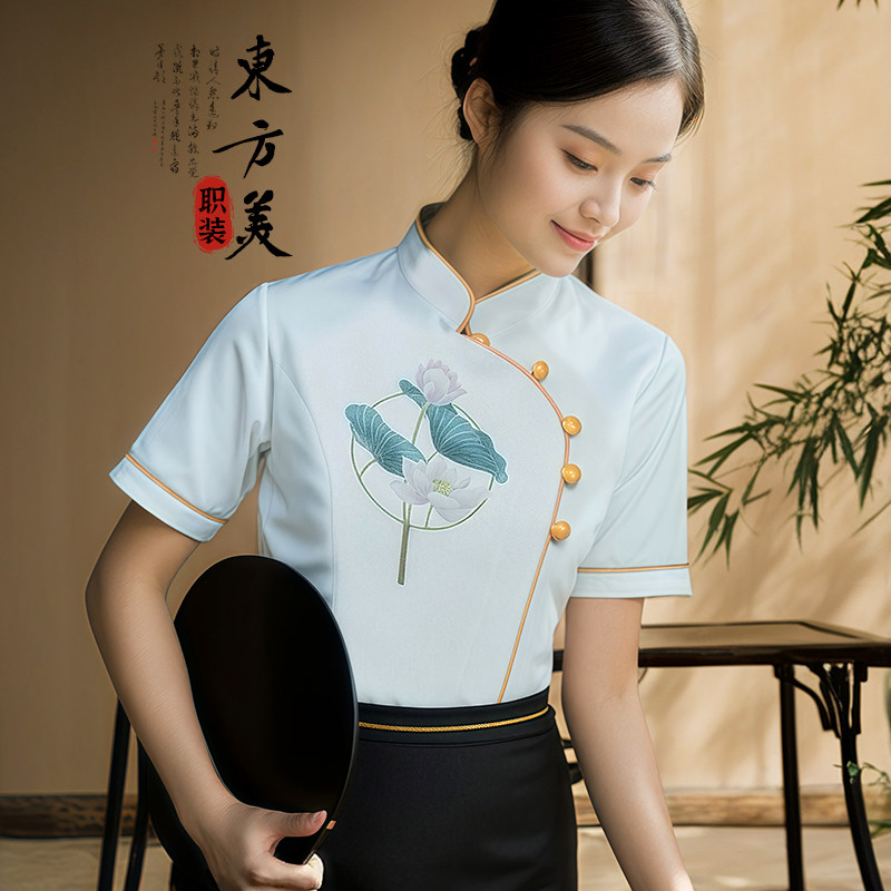 中风格茶楼女服务员短袖制服 2024秋季新款电商限定餐饮迎宾服