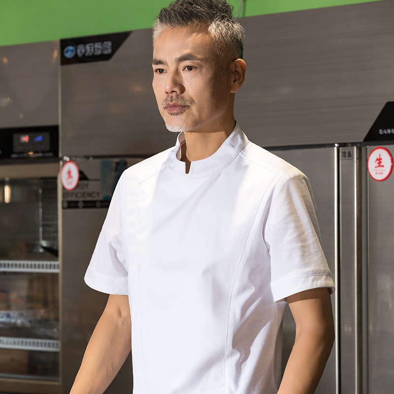 夏季V领高档厨师工作服短袖男酒楼餐厅饭店大厨工衣薄款定制logo