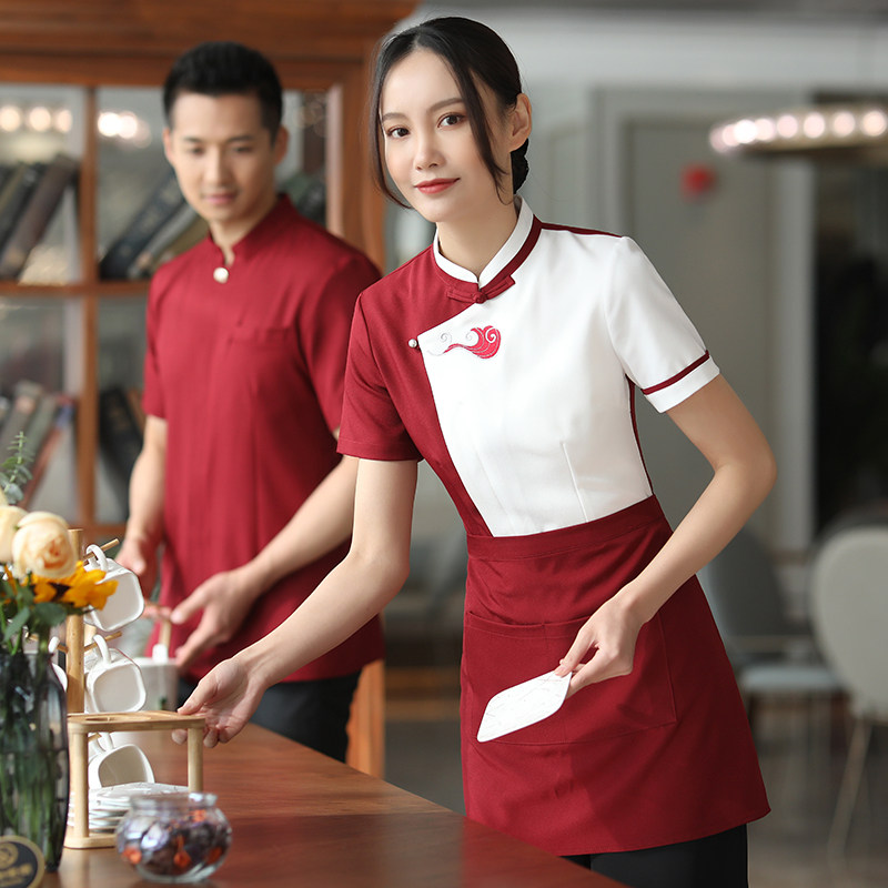 新中式餐饮服务员工作服男女夏季高档饭厅酒店茶楼私房菜短袖服装