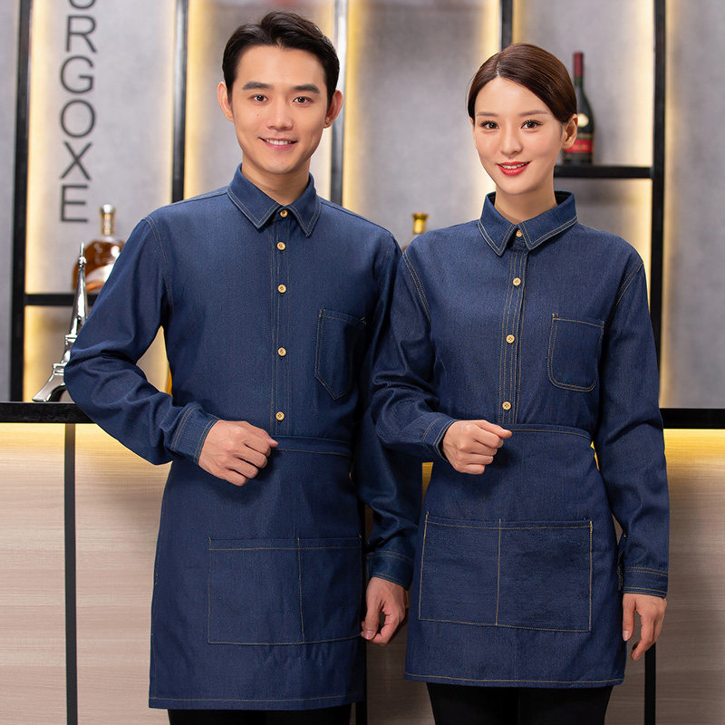 酒店牛仔服务员工作服长袖秋冬季咖啡厅酒吧调酒师工装定制印logo