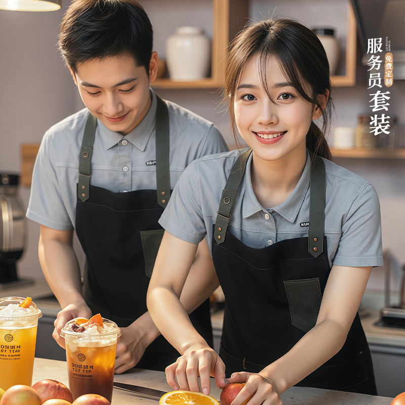 餐饮工作服短袖衬衫定制印logo餐厅咖啡奶茶店服务员衬衣工装T恤