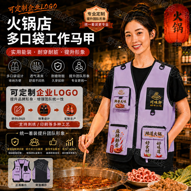 马甲工作服定制印字logo新锐火锅店烤肉烧烤店服务员餐饮工装背心