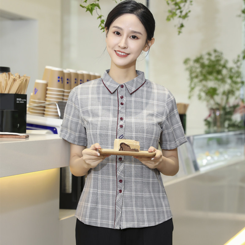 夏季方格衬衫工作服餐饮短袖女咖啡厅蛋糕烘焙西餐服务员工装定制