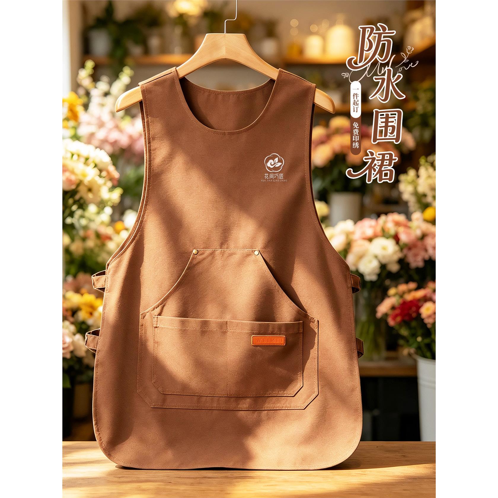 防泼水马甲围裙工作服定制印logo花店咖啡奶茶餐饮店专用透气背心