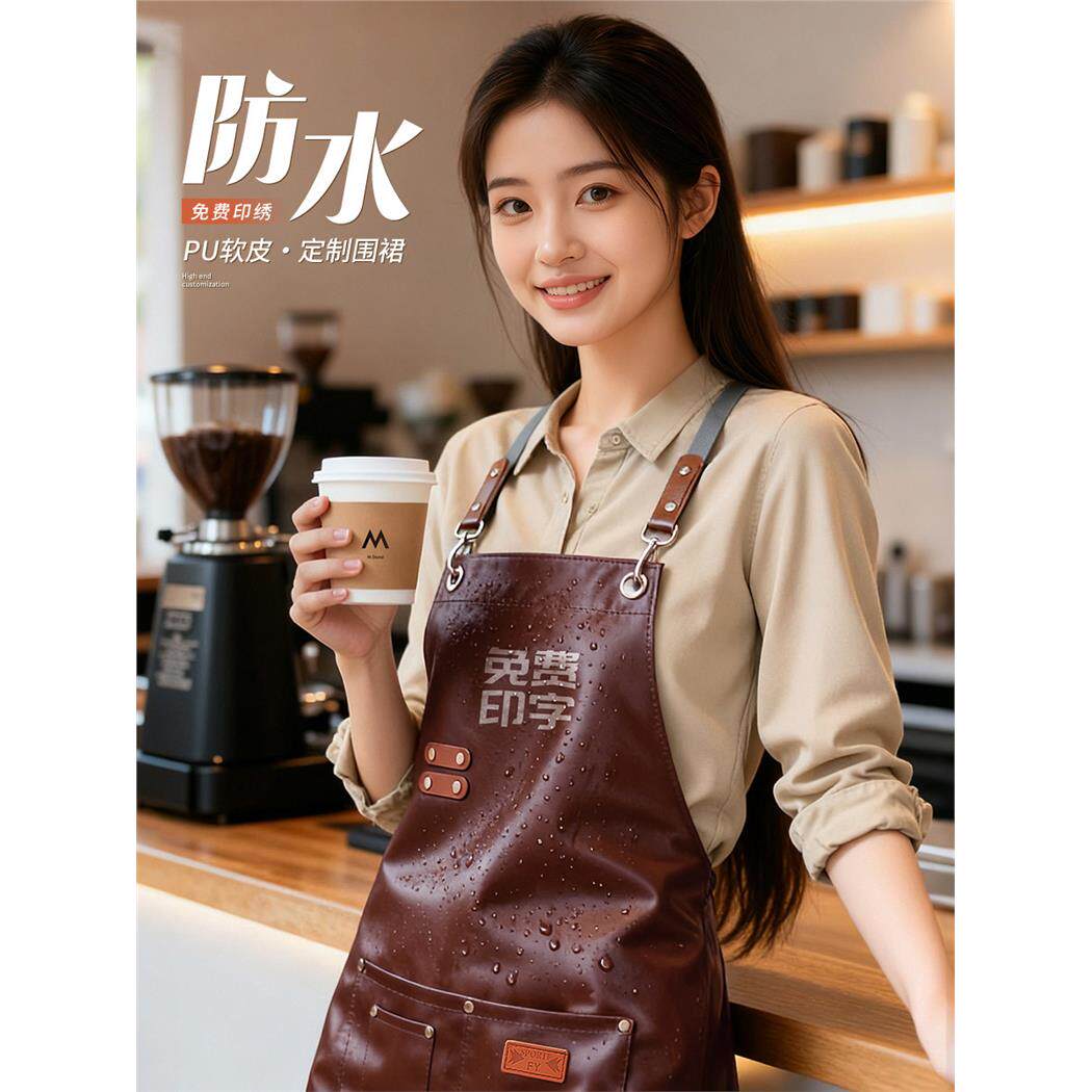 pu软皮围裙定制logo印字餐饮专用咖啡奶茶店厨房防油水产生鲜围腰