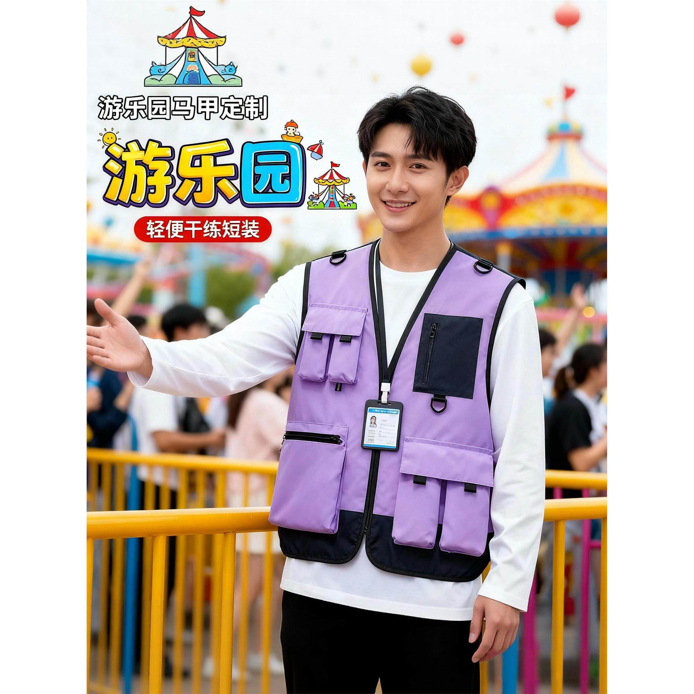 游乐场工作服马甲定制印logo字电玩城欢乐谷方特景区员工摄影背心
