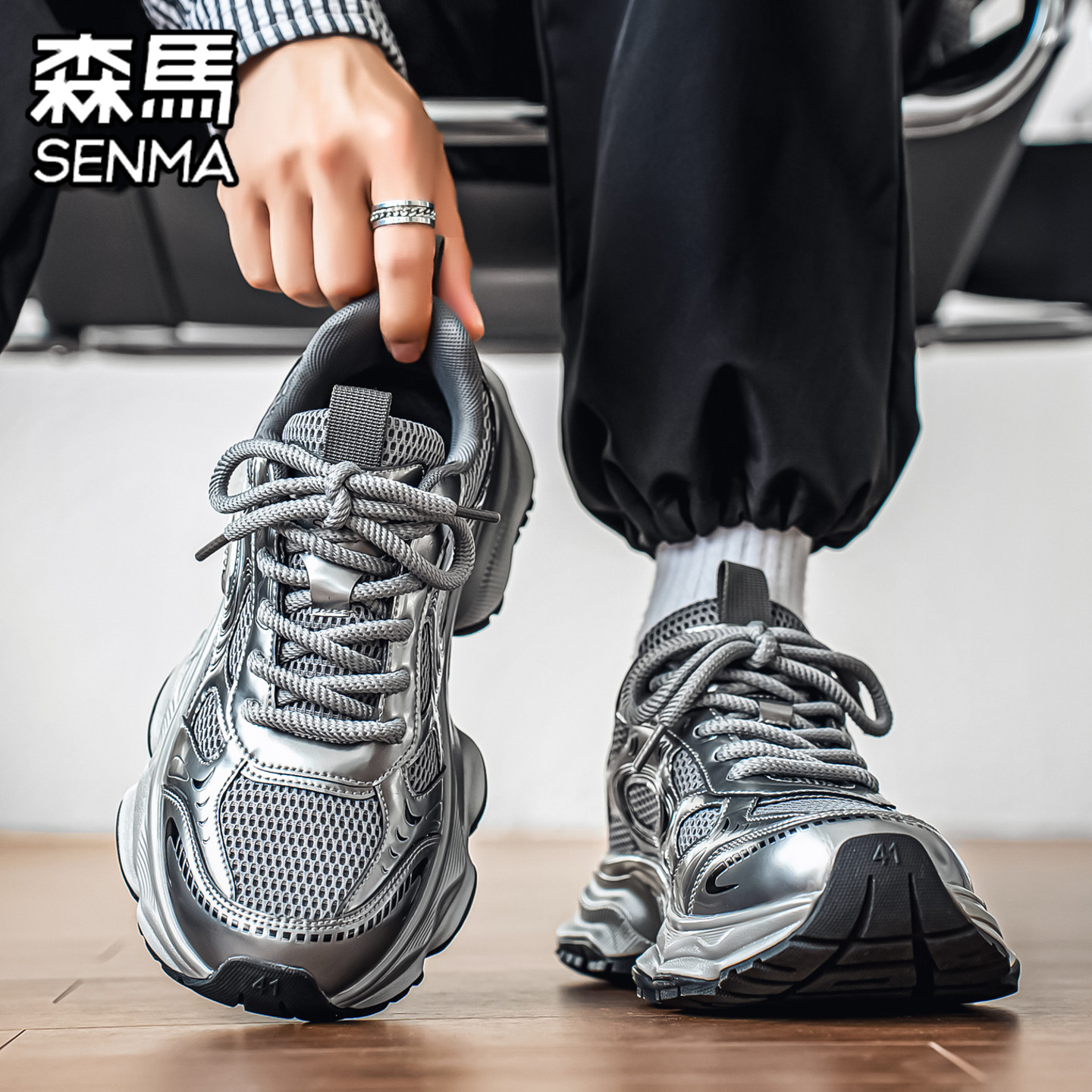 森马银色老爹鞋子男鞋2026新款秋冬季超火爆网面男士运动休闲鞋潮