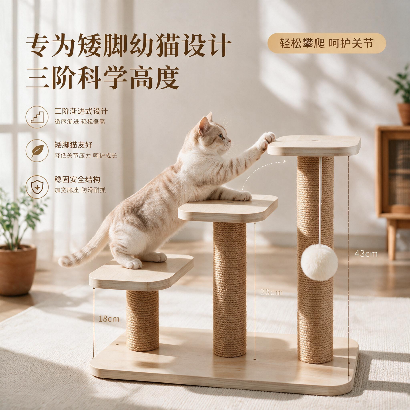 猫爬架梯子上床楼梯矮脚小奶猫老猫爬梯台阶猫抓板柱爬架一体跳台图片