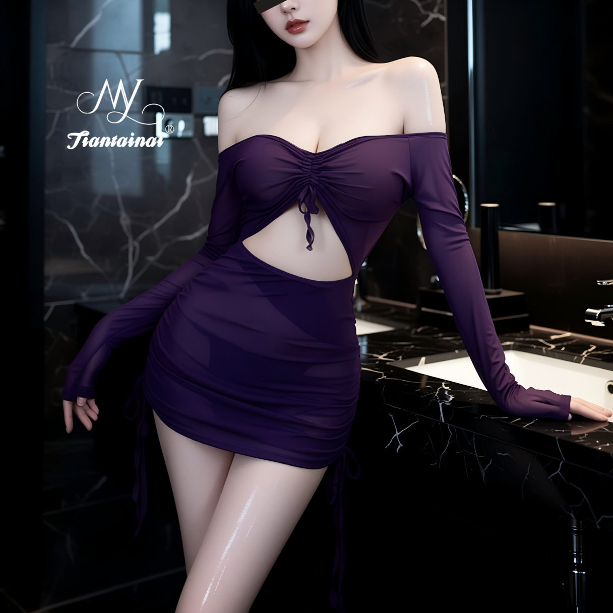 qqny性感紫色抽皱修身包臀裙女夜店睡衣性感魅力内衣