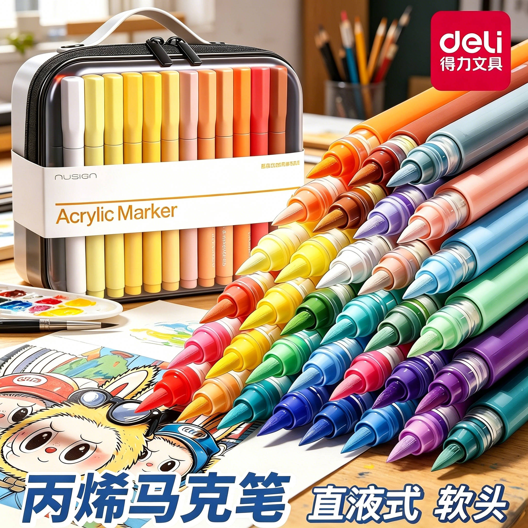 得力纽赛丙烯马克笔套装软头直液式多色儿童学生绘画涂鸦笔漫画绘制美术绘画笔水彩笔软头笔美术专用生日礼物