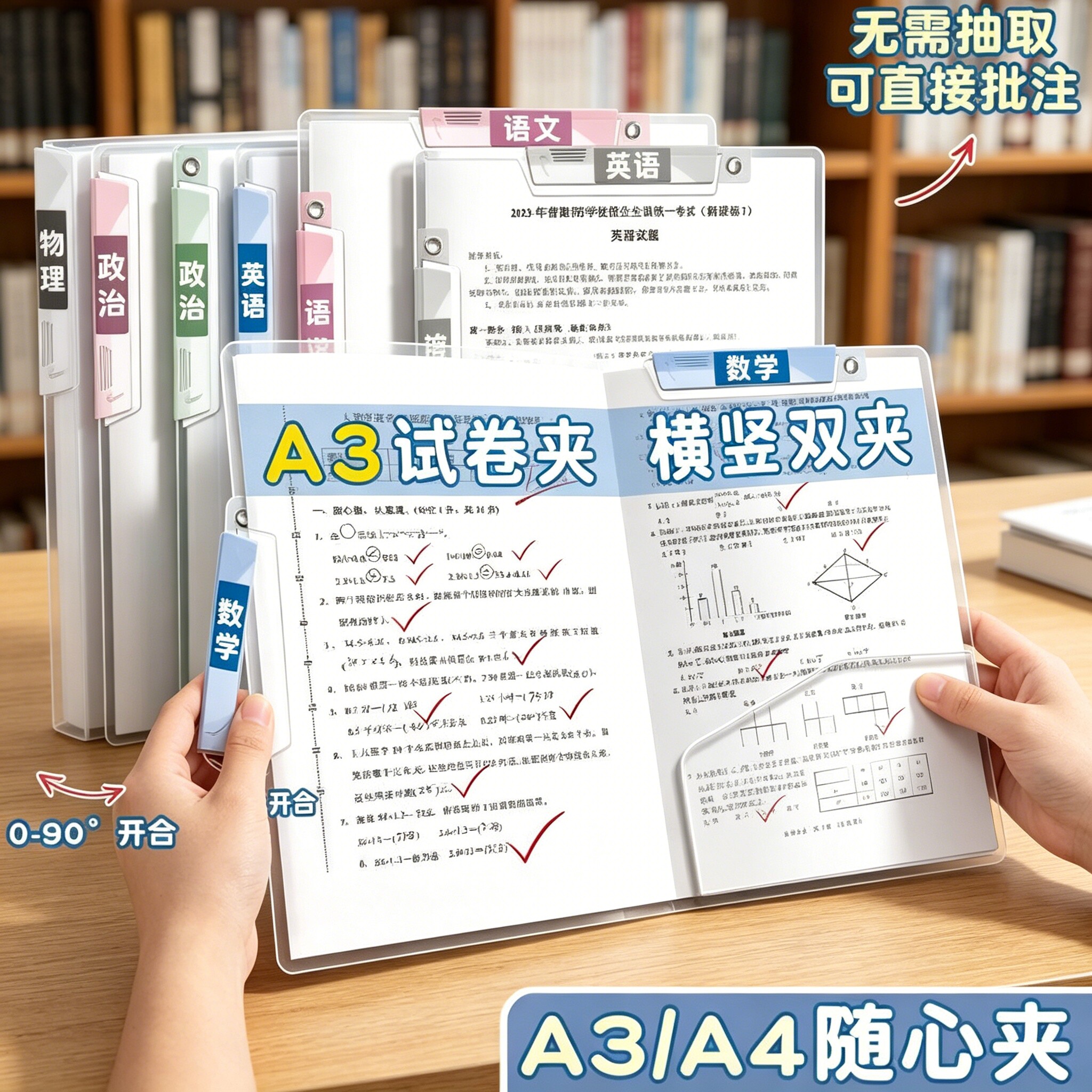 得力A3双拉杆试卷夹旋转抽杆试卷整理夹收纳袋小学生专用文件夹透明插页初中生专用大容量卷子分类文件档案夹