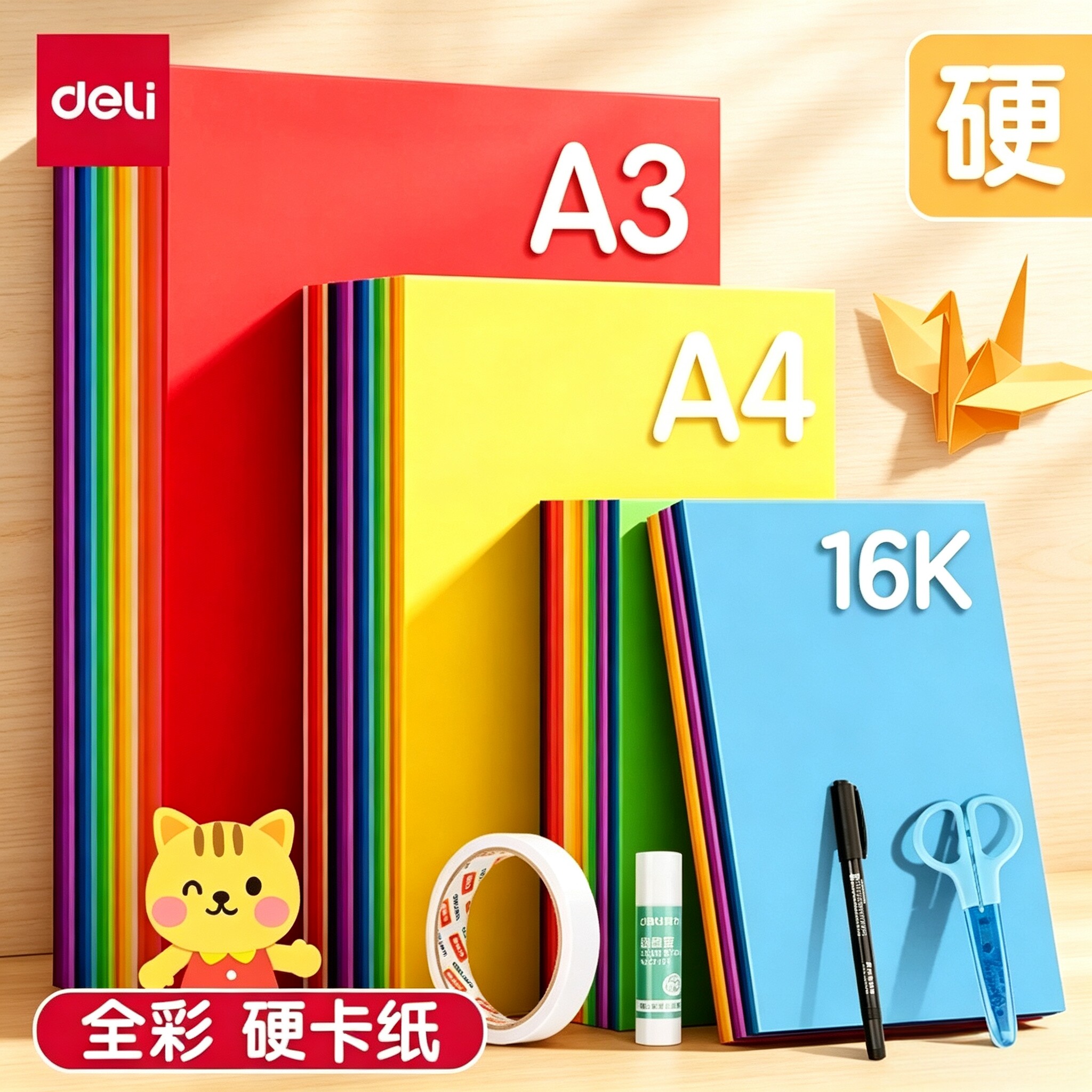 得力彩色卡纸手工纸A4/A3全彩硬卡纸幼儿园宝宝儿童小学生剪纸专用纸彩色黑色白色大张折纸绘画纸加厚叠纸书