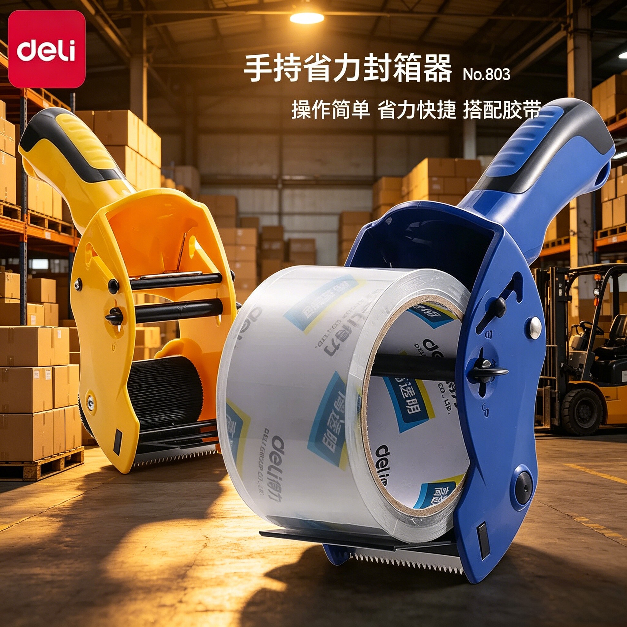 得力803胶带切断器切割器大号快递物流打包工具手握式胶布打包器6cm透明胶带打包机带手柄省力型封箱胶带机