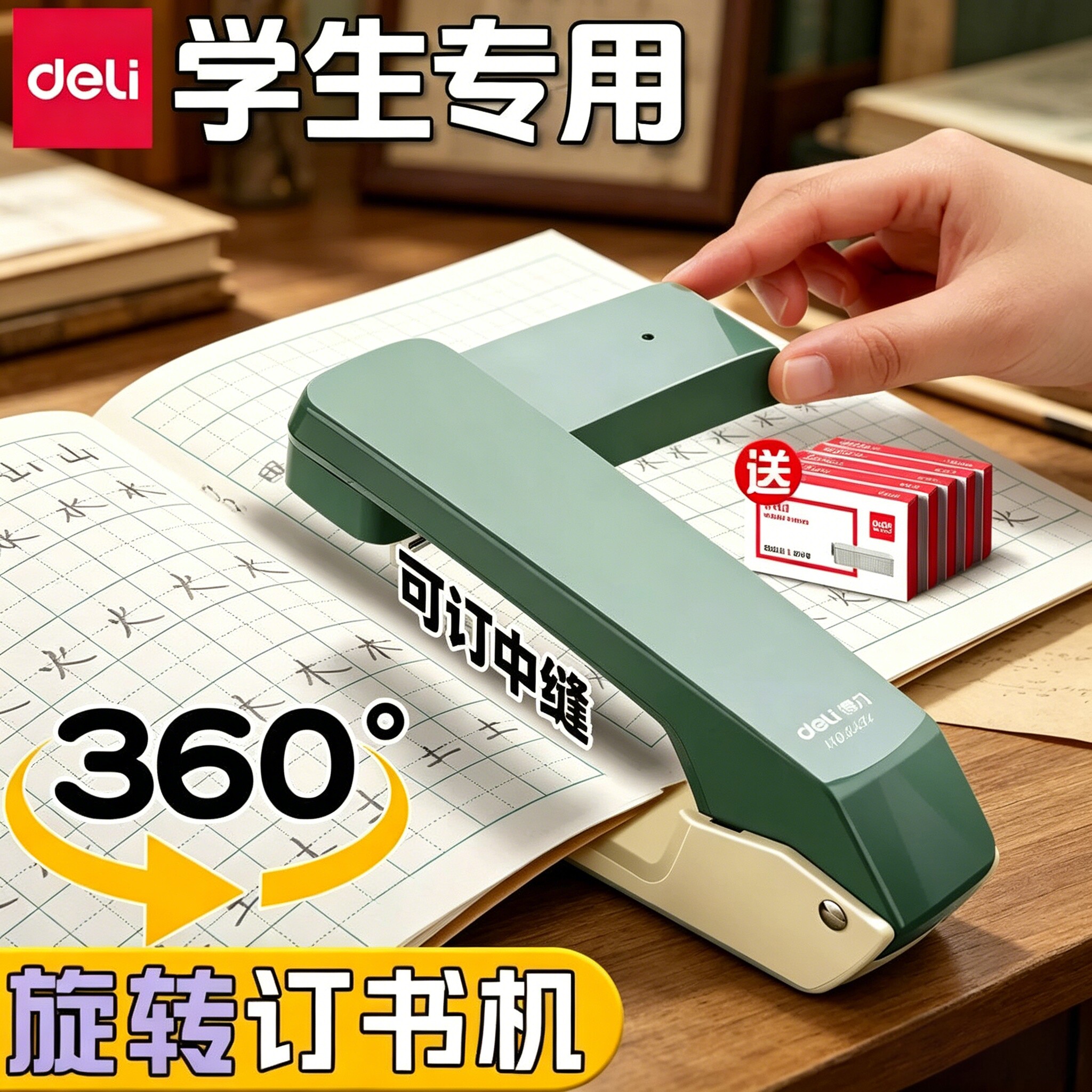得力可旋转订书机高颜值学生用省力订书器办公用大号重型钉书机订50页大号加厚定厚书小号标准型中缝装订用品