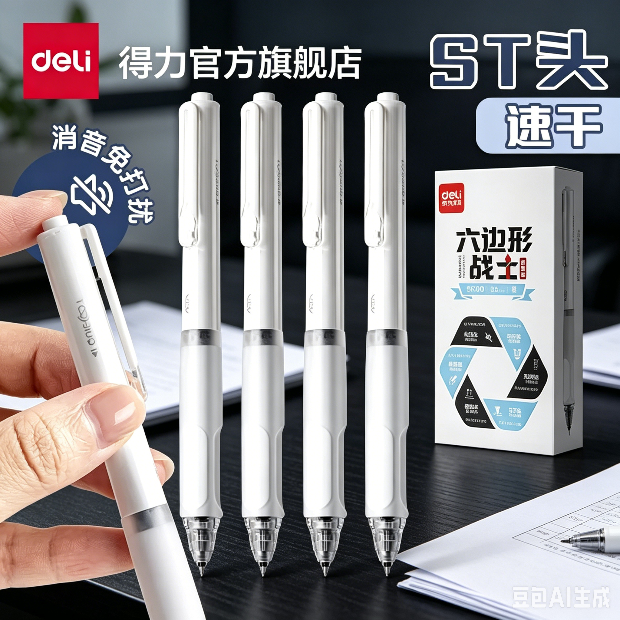 【六边形战士】得力速干中性笔直液笔静音学生专用刷题笔减震速干双珠球ST头备考刷题政治数学考研考公