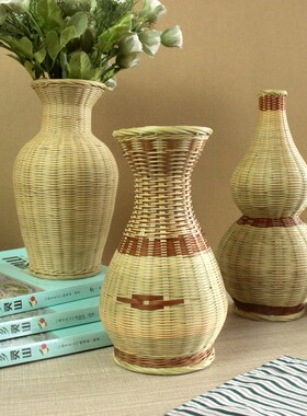 手工竹编花瓶件客厅复古装饰品