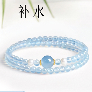 天然海蓝宝珍珠白水晶手链五行补水女款蓝色单圈双圈手串饰品