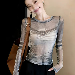 复古设计感网纱长袖T恤女透视扎染防晒罩衫国风新中式上衣春夏季