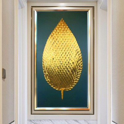 手工立体实物装饰画家大业大金叶子壁画玄关入户走廊尽头竖版挂画