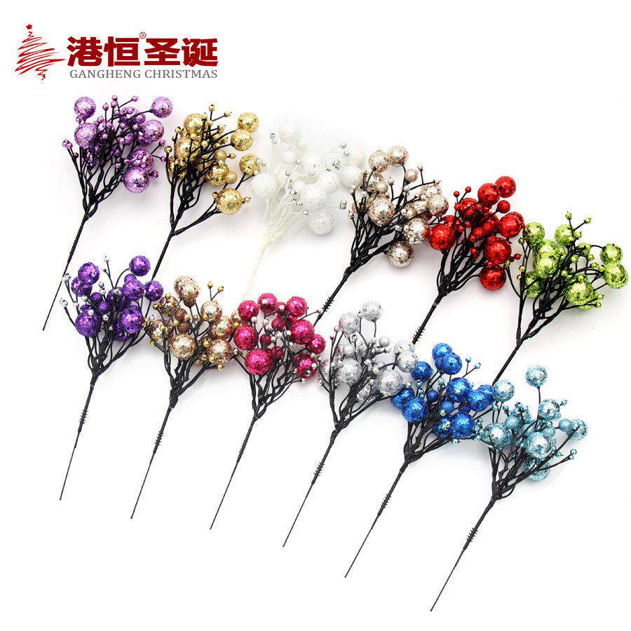 金粉亮片插枝插花22cm红果子圣诞装饰布置圣诞树花环挂件配件