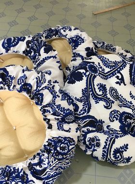 亚麻青花瓷加厚圆形凳子坐垫套 防滑椅垫罩一体 茶庄石凳 树桩凳