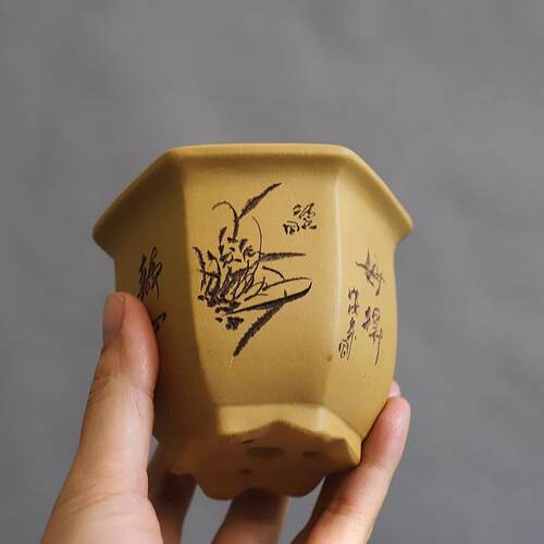 精品紫砂小花盆 段泥手工刻绘 苏兵制作 六方盆 微型盆景盆