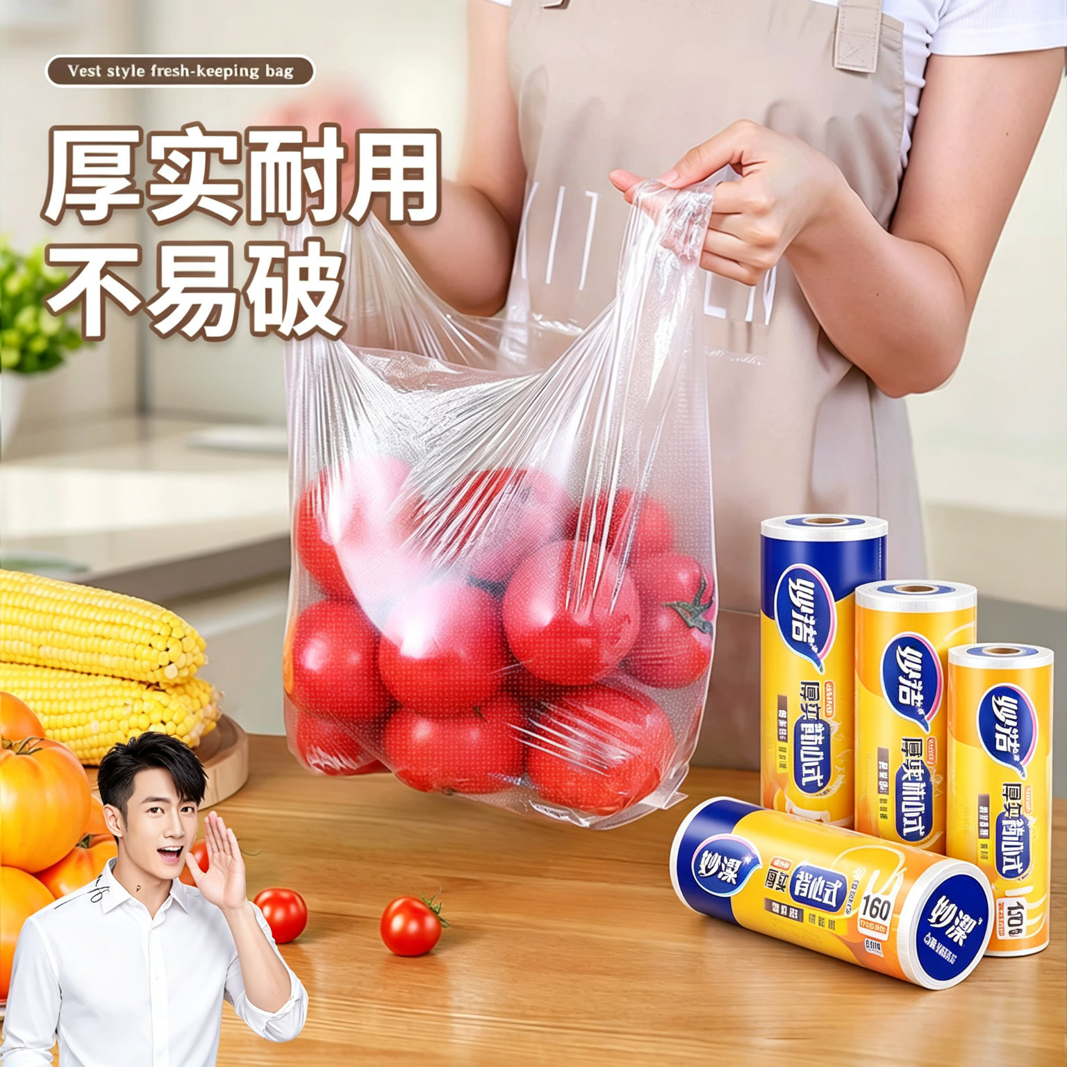 妙洁保鲜袋背心式食品级家用冰箱冷冻专用密封分装袋点断式保鲜袋