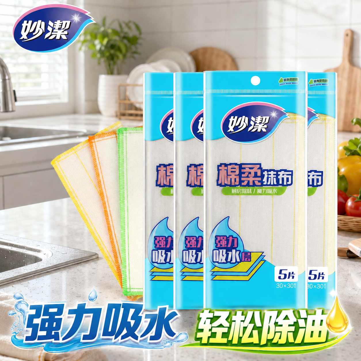 妙洁棉柔抹布吸水不易掉毛厨房专用家用洗碗擦巾百洁布加厚大号