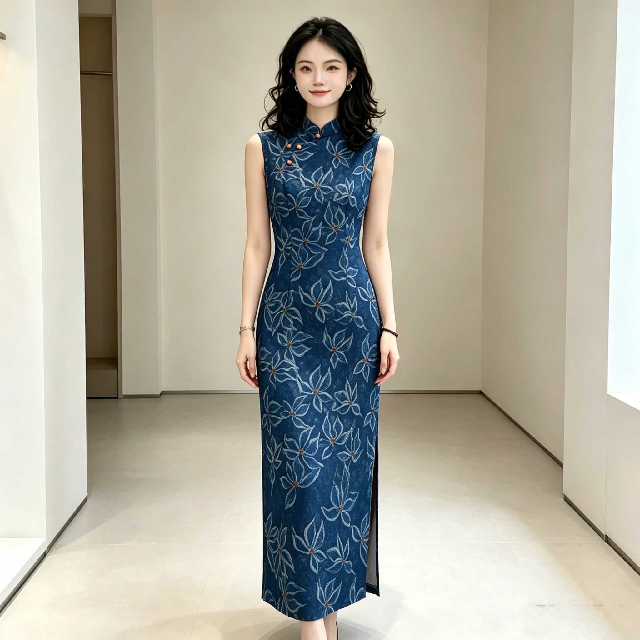 复古风改良旗袍女无袖长裙深蓝色花色日常轻奢高级感连衣裙