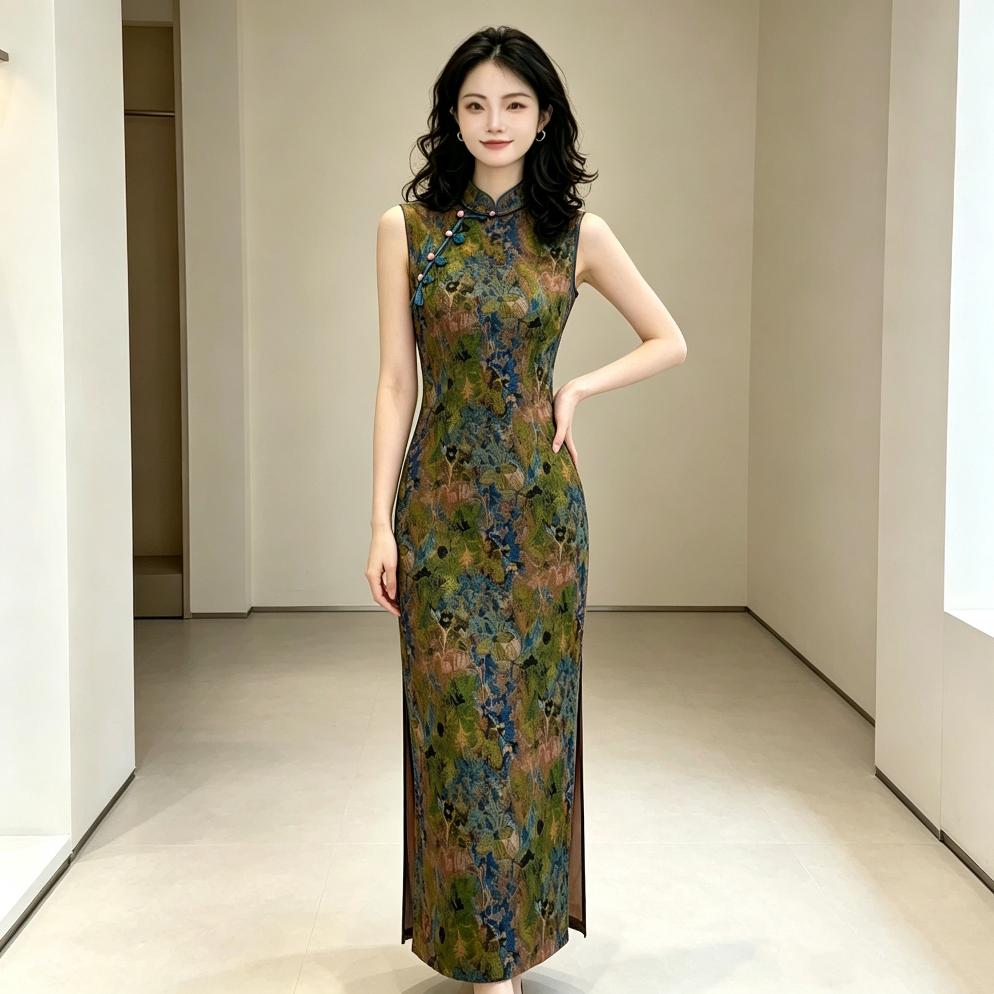 复古风改良旗袍女无袖绿色花色长裙显瘦气质日常民国风连衣裙