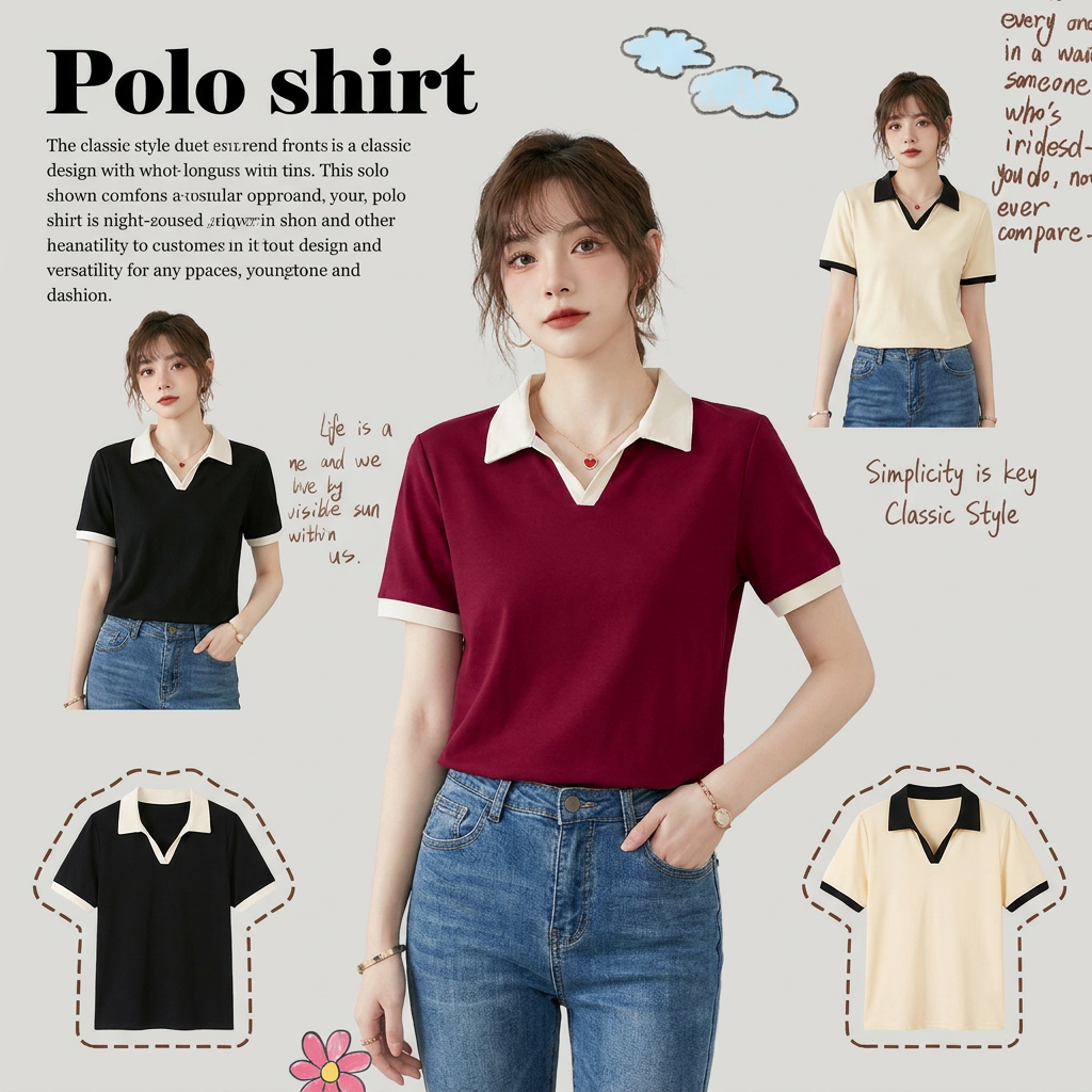 法式V领女设计感翻领POLO领正肩短袖纯棉新款女夏季纯棉洋气上衣