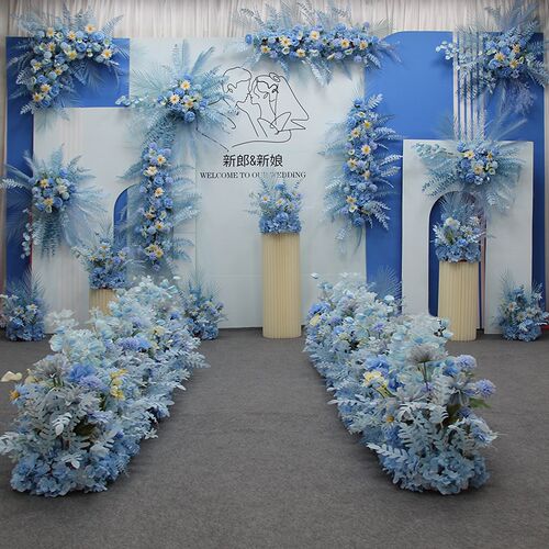 整套蓝色系仿真花婚庆地排花婚礼布置装饰路引花点花婚礼背景挂花