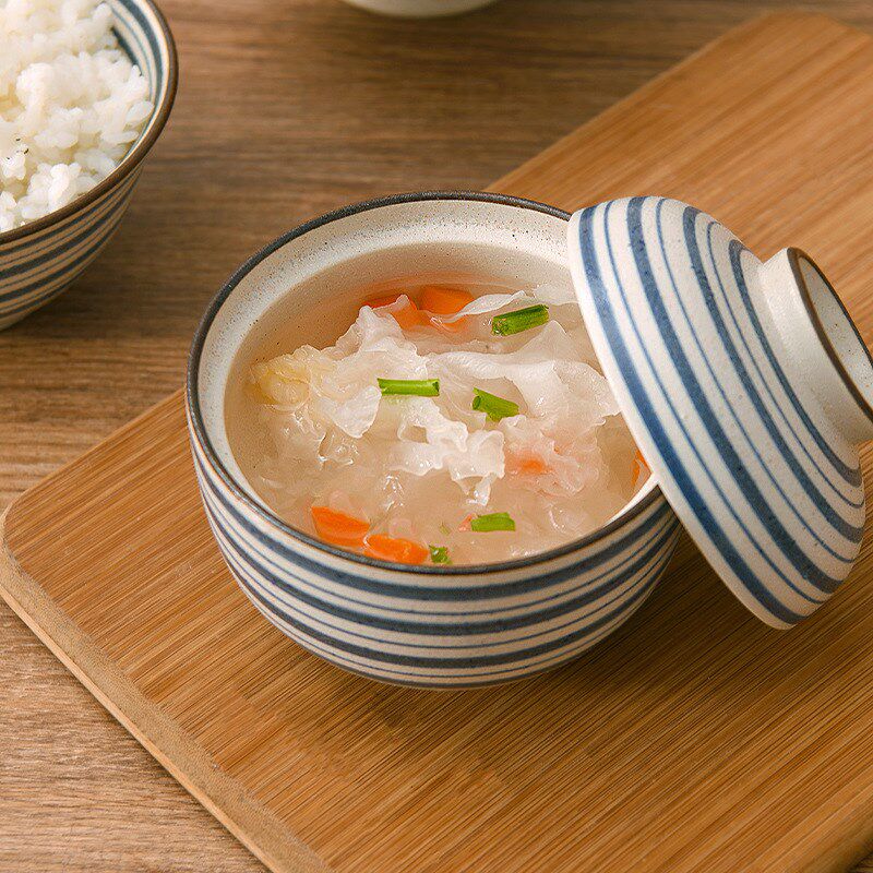 球型陶瓷饭碗波点横纹带盖小炖盅蒸鸡蛋羹辅食炖汤盅燕窝甜品炖碗