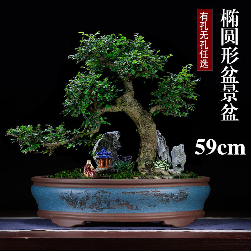 宜兴紫砂长方形特大椭圆假山无孔花盆家用腰圆老桩透气陶瓷有孔盆