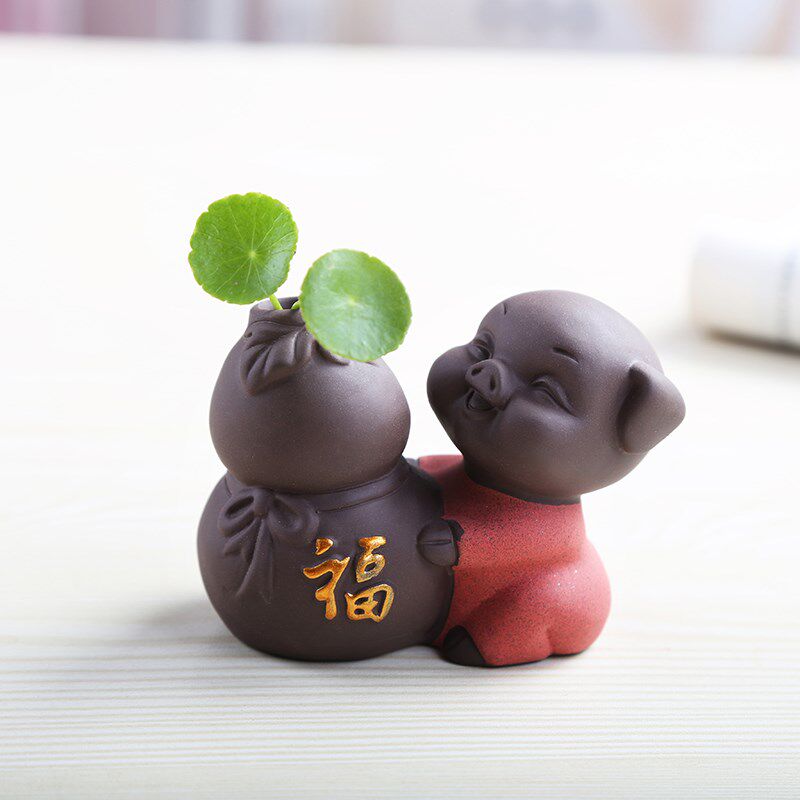 宇轩 创意紫砂福猪手工小花器办公家居花瓶花插摆件陶瓷水培绿萝
