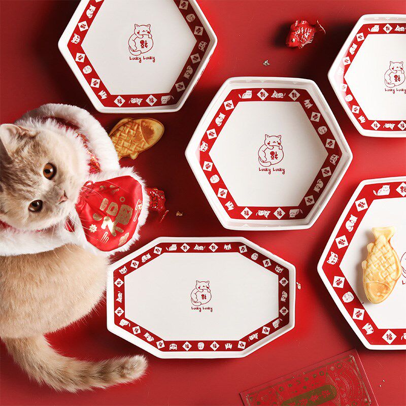 蓝莲花家居陶瓷可爱零食盘子家用创意菜盘单个饭碗盘猫猫中式餐具