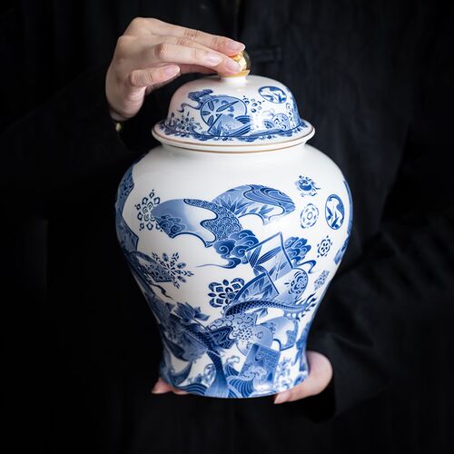 青花大号将军罐木质旋转底座绿茶一斤装高档陶瓷茶叶罐普洱茶茶缸
